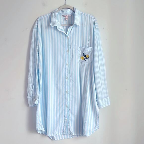 Victoria’s Secret lemon embroidered striped long line button up pajama shirt L - Picture 1 of 7